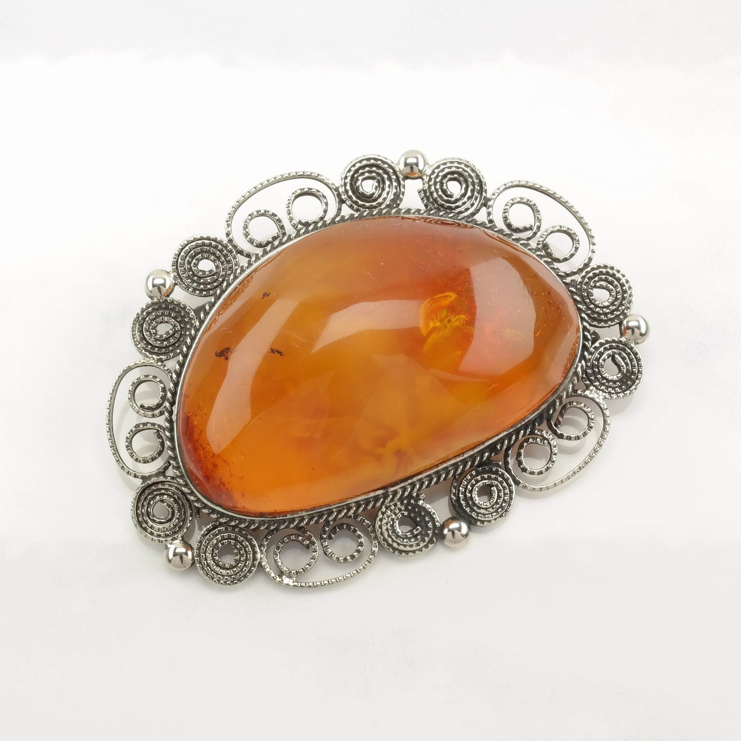 Boho Sterling Silver Brooch Filigree Baltic Amber