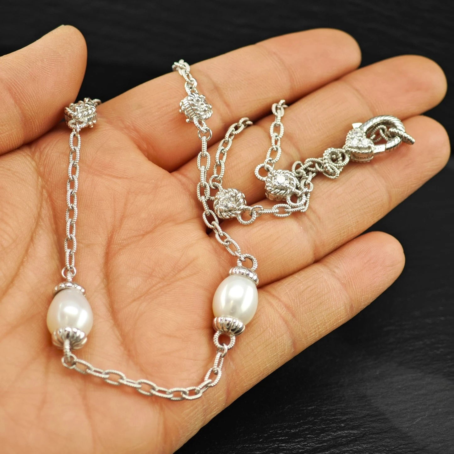 Judith Ripka Sterling Silver White Pearl CZ Choker Necklace 18" N2642
