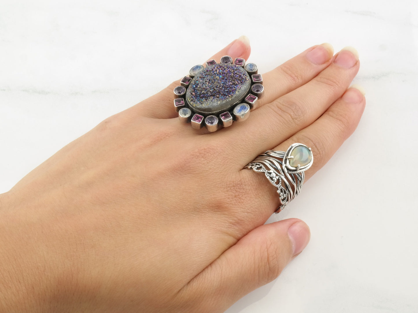 Nicky Butler Ring Druzy, Amethyst, Moonstone, Garnet Sterling Silver Size 7 3/4