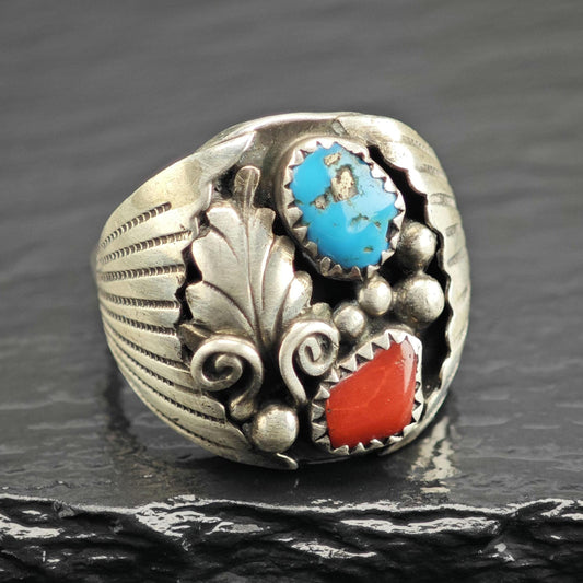 Vintage Native American Turquoise & Coral Leaf Detail Sterling Silver Ring Sz 10 3/4 R6626