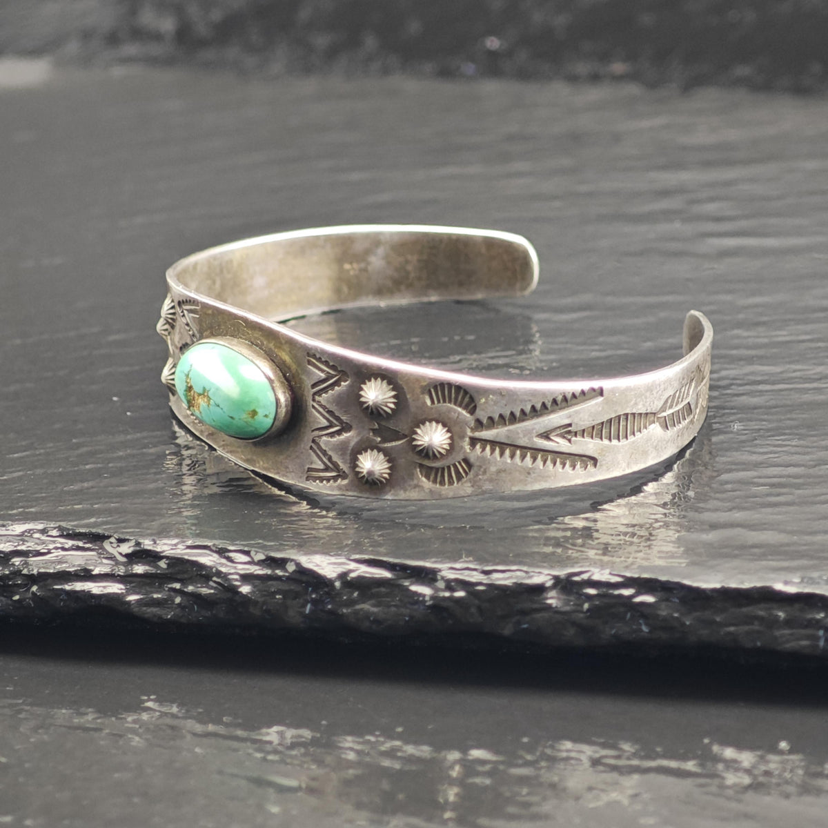 Fred Harvey Era Blue Gem Turquoise Stamped Sterling Silver Cuff Sz 6 1/4" BR3116