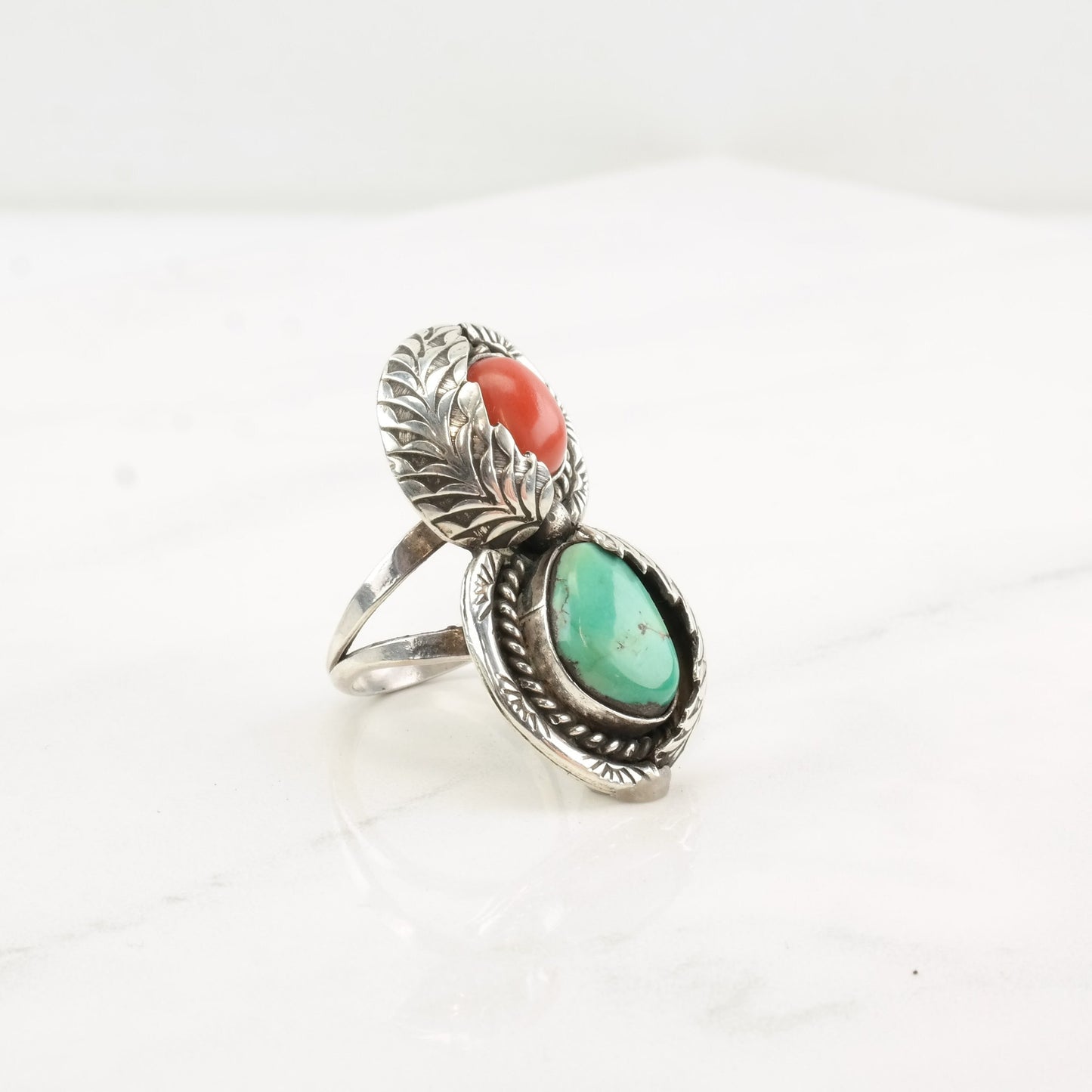 Native American Silver Ring Turquoise Coral Leaf Double Sterling Size 7 3/4