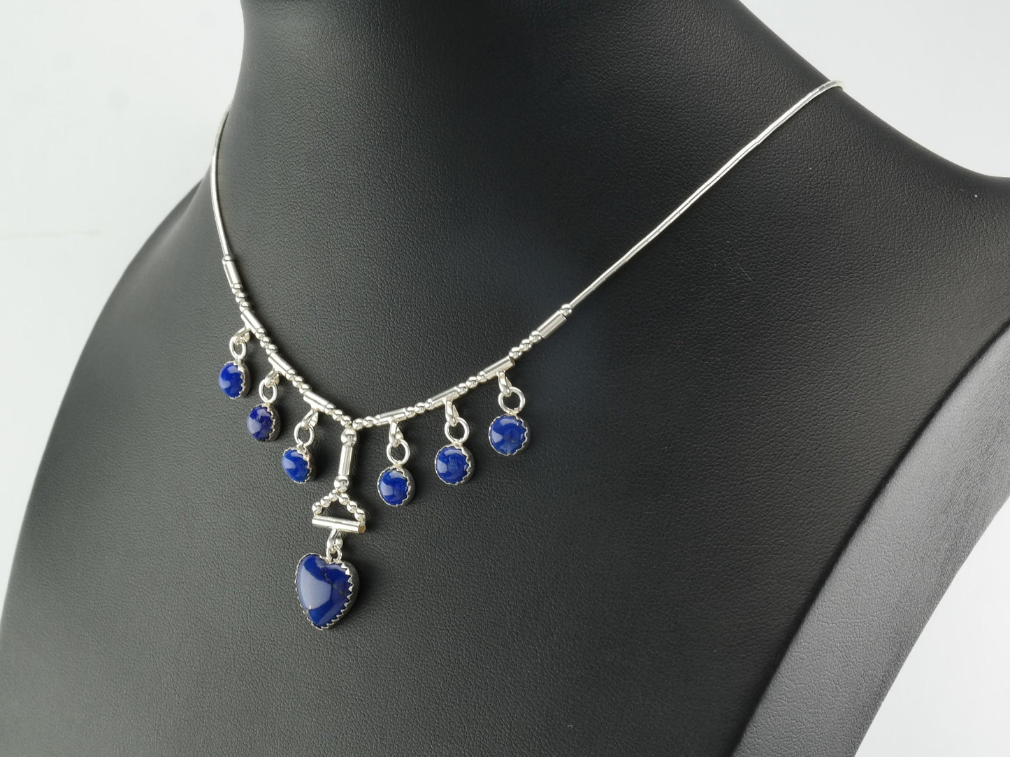 Southwest Sterling Silver Blue Lapis Lazuli Heart, Beaded Necklace