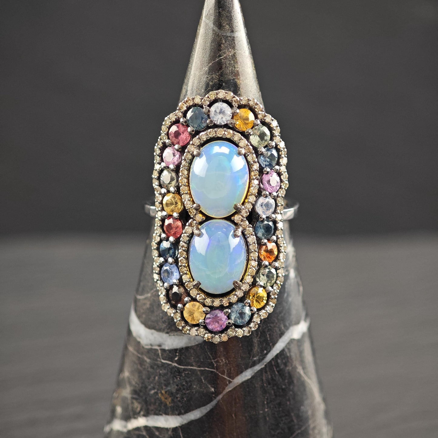 Opal Diamond Ring with Sapphire Accents in Oxidized Sterling Silver R5804