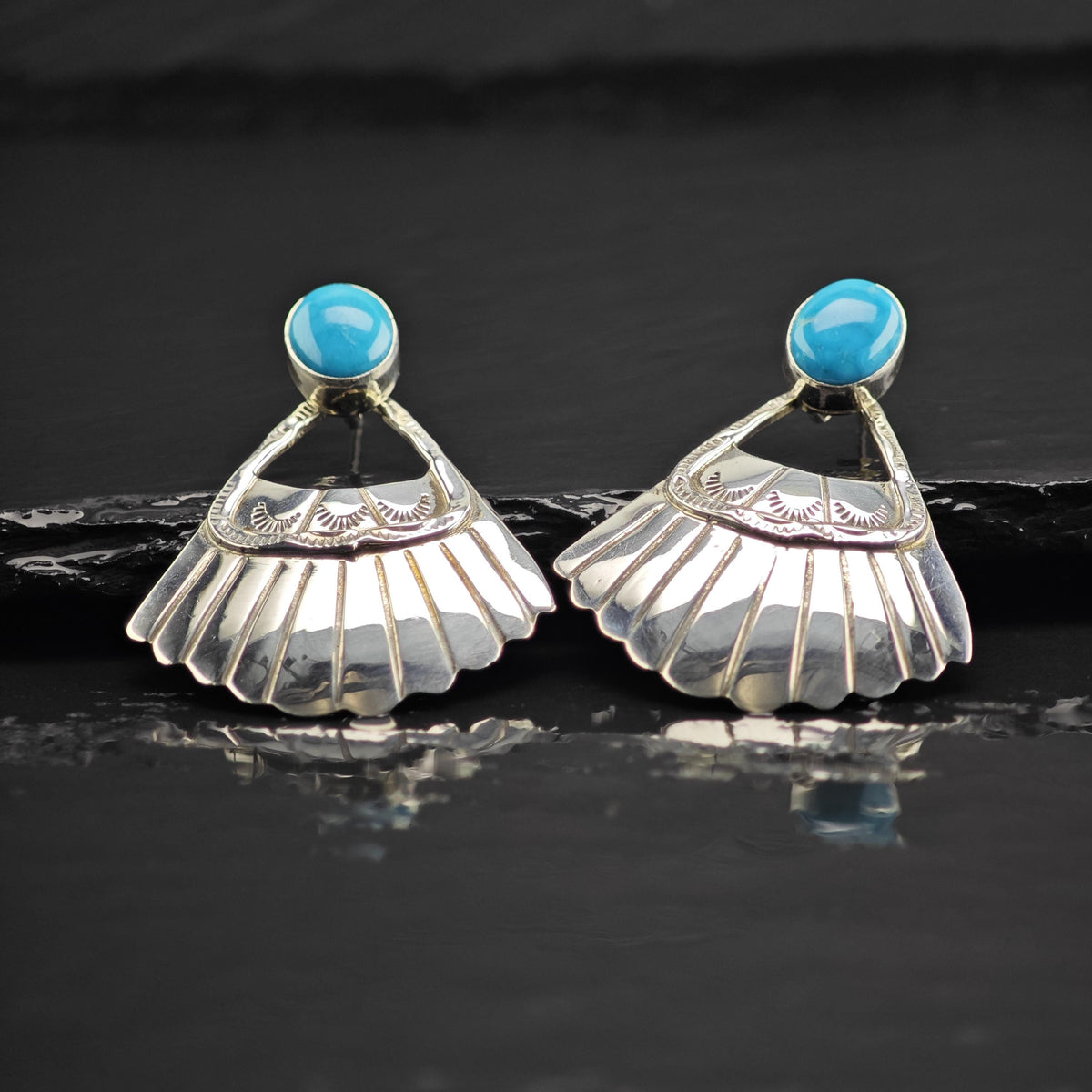 Running Bear Turquoise Fan Sterling Silver Dangle Stud Earrings ER3213