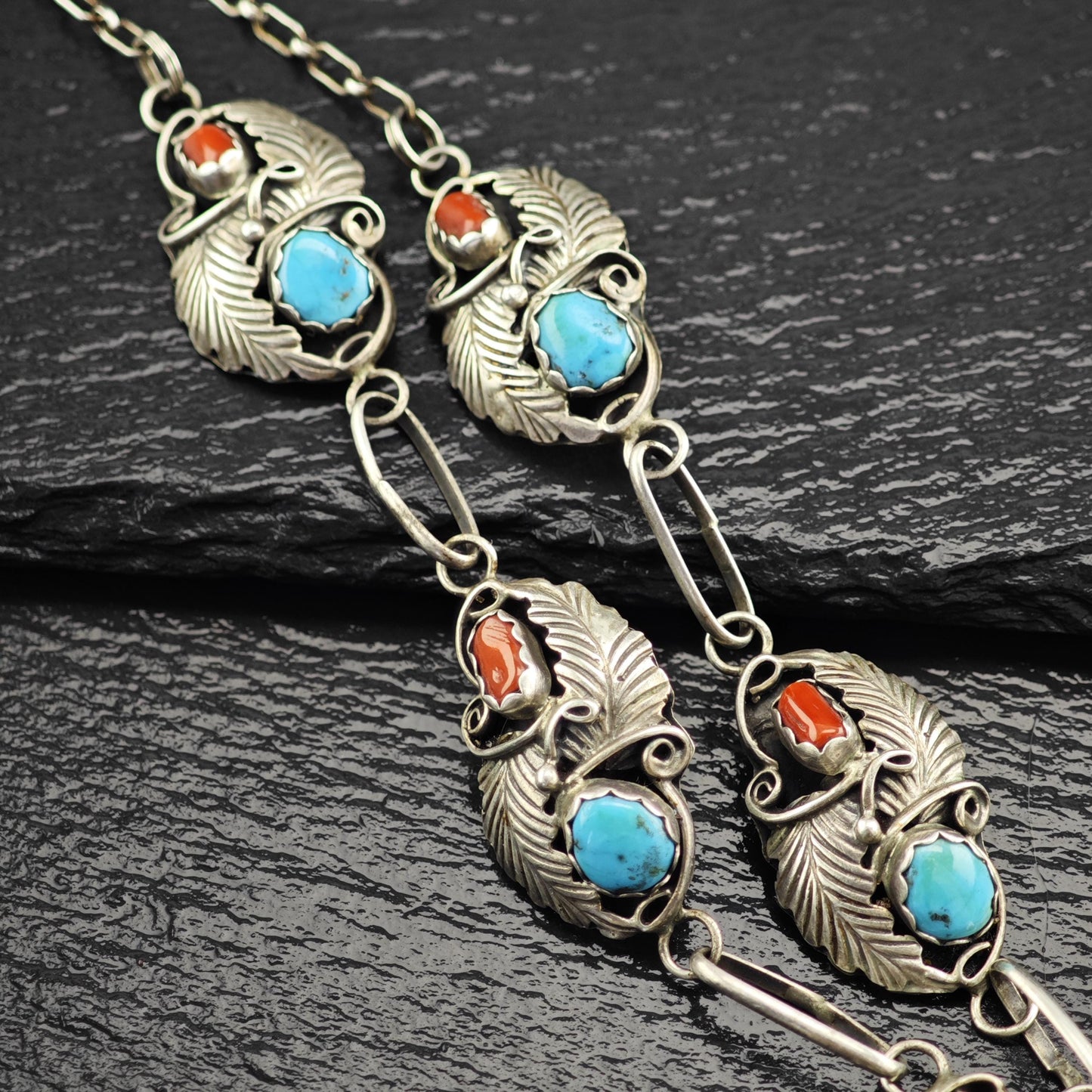 Native Sterling Silver Blue, Red Turquoise, Coral Floral, Shadowbox Necklace N2593