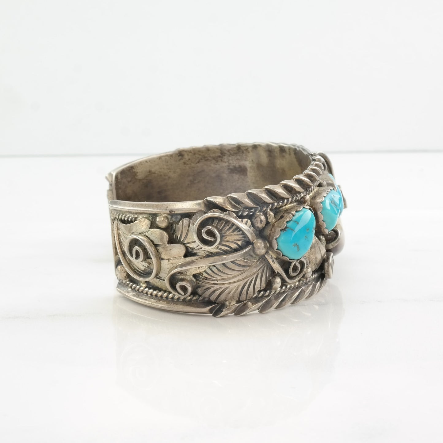 Native American Sterling Silver Cuff Bracelet Blue Turquoise Floral, Feather