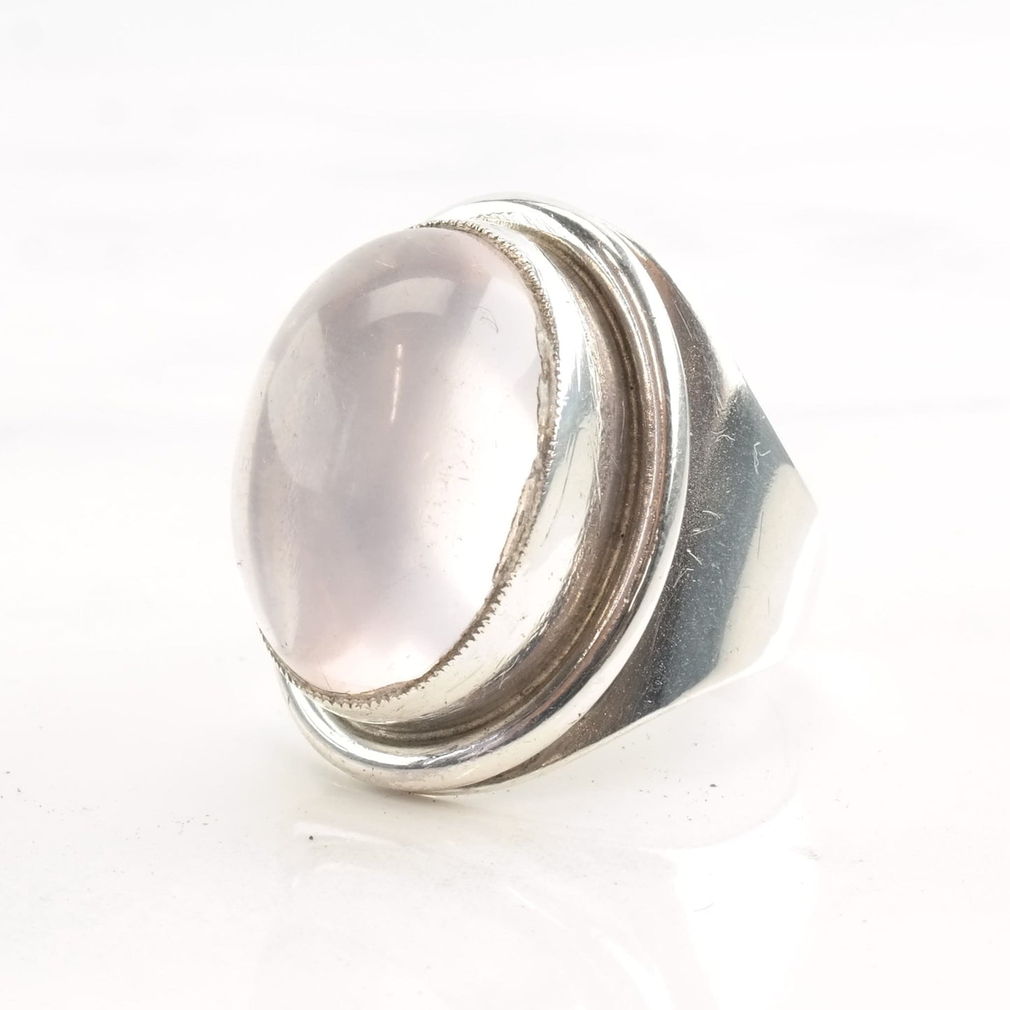 European Modernist Silver Ring Rose Quartz Size 6 3/4