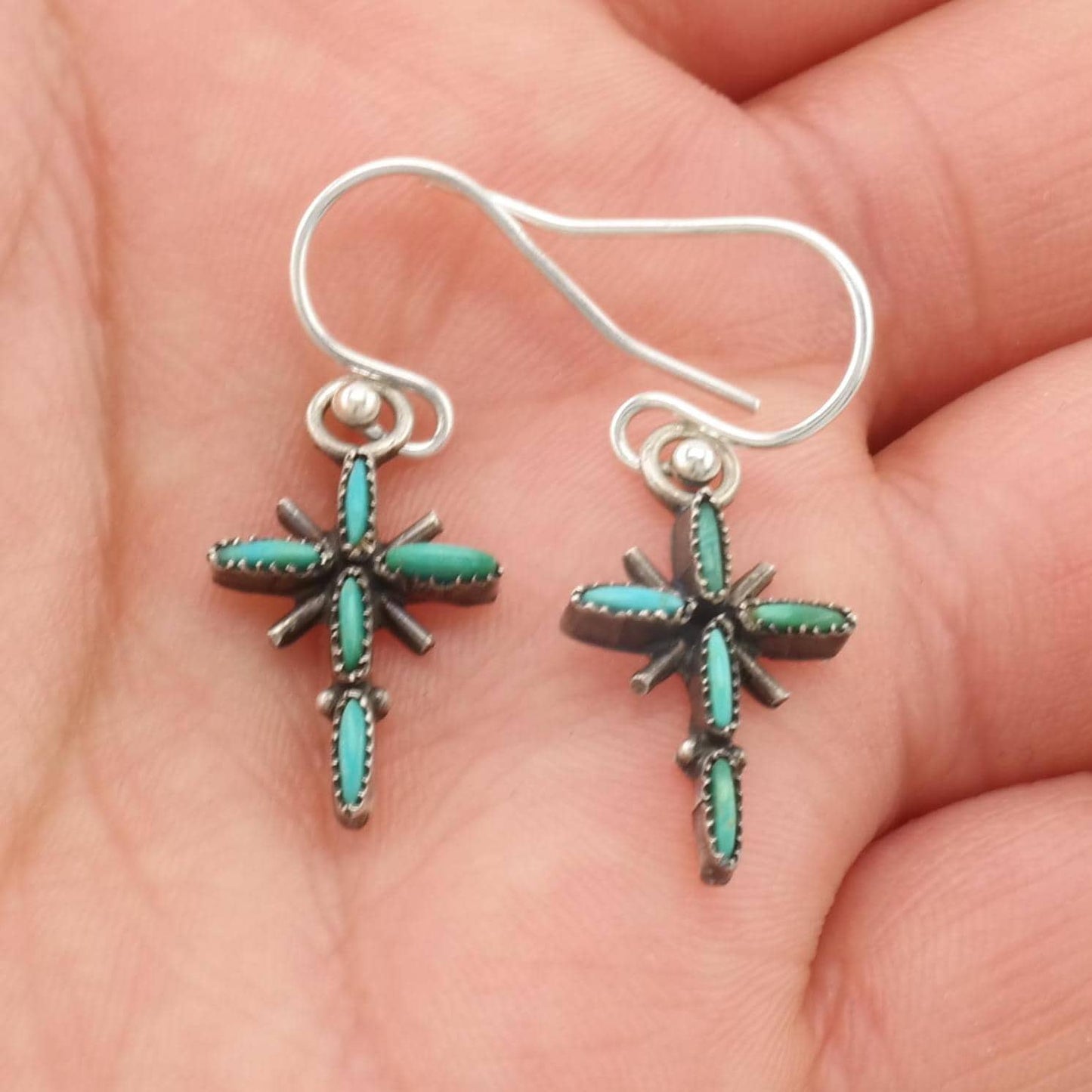 Vintage Native American Green, Blue Turquoise Cross Sterling Silver Fish Hook Earrings