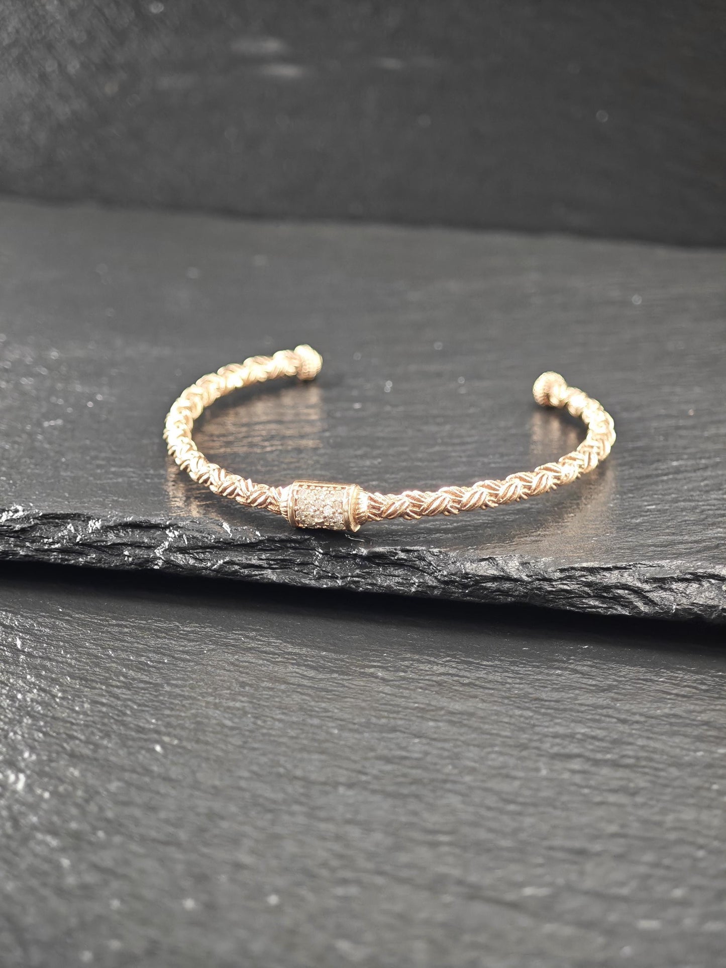 Rose Gold Plate Diamond Woven Cuff Bracelet Sterling Silver
