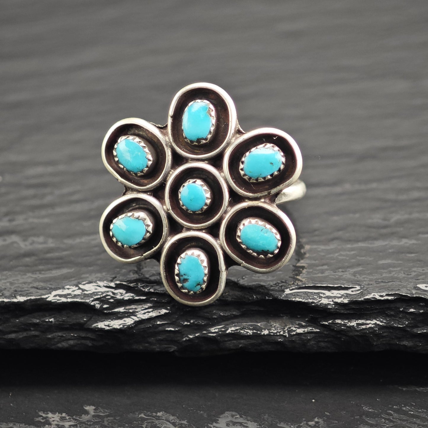 Vintage Native American Turquoise Flower Sterling Silver Ring Sz 7 3/4 R6646