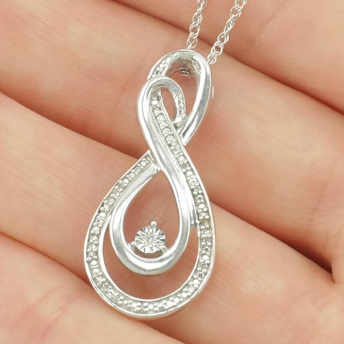 Vintage Sterling Silver Diamond Pendant Necklace