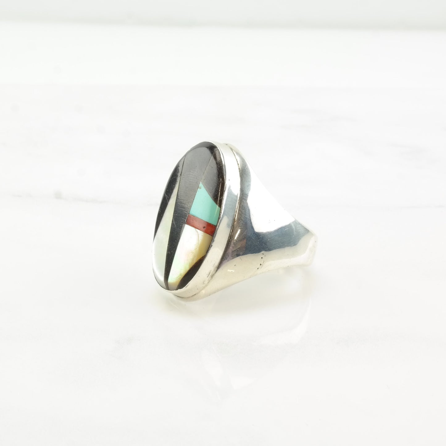 Native American Silver Ring MOP Turquoise Jet Coral Inlay Sterling Size 11 1/4