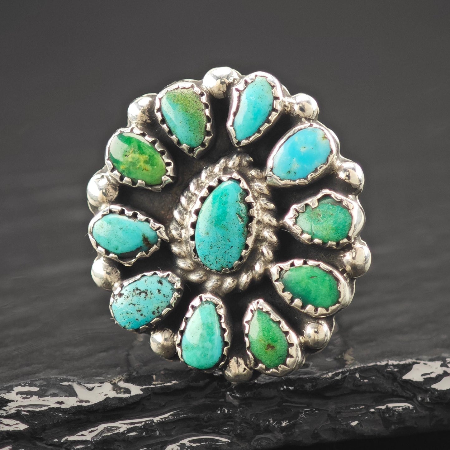 Native American Cluster Turquoise Ring Sterling Silver