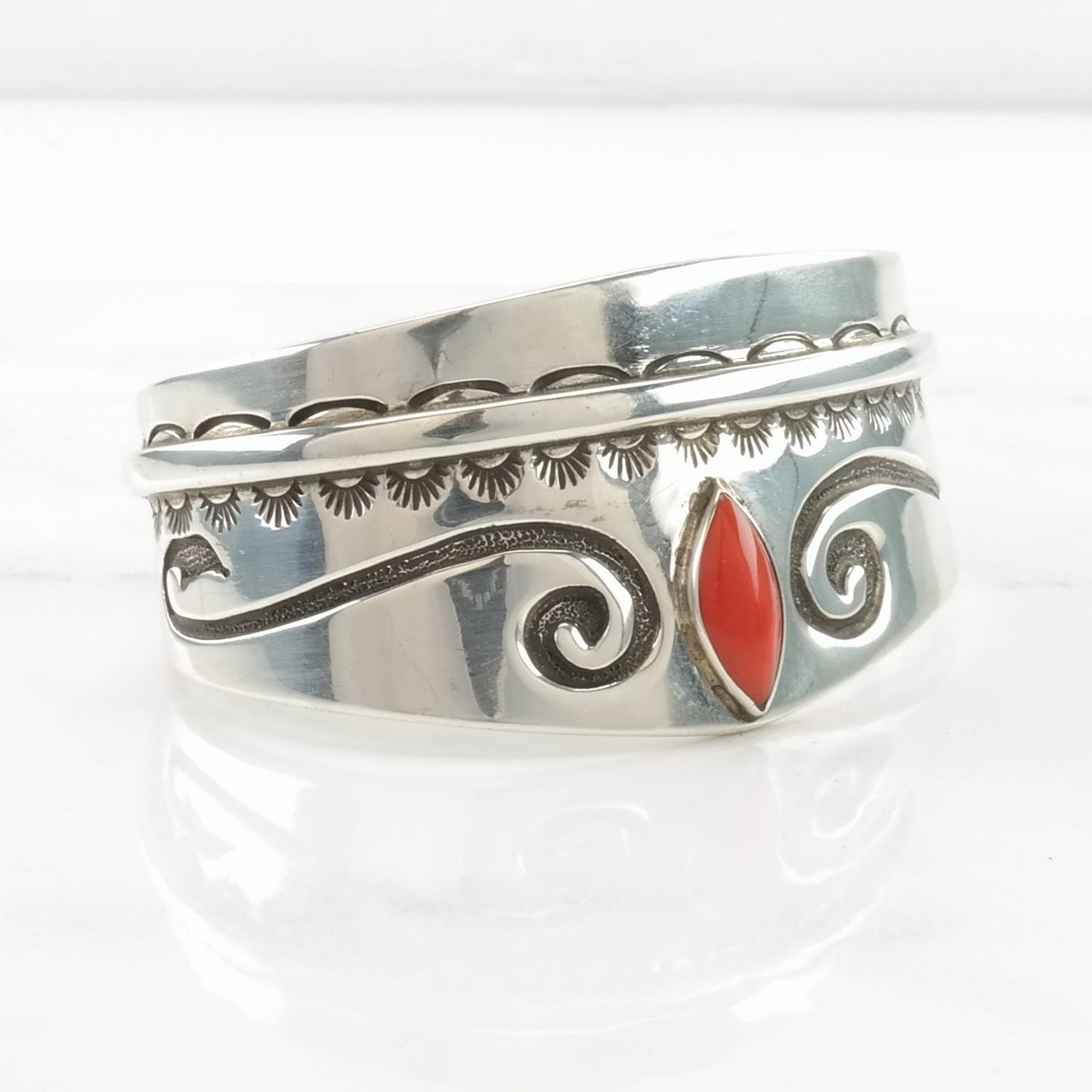 Native American Sterling Silver Cuff Bracelet Red Coral Stamped