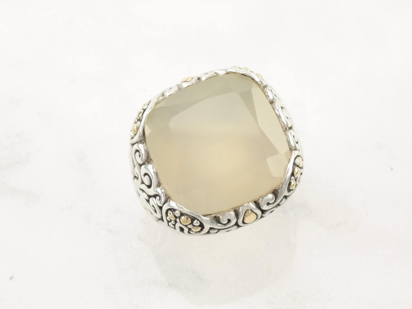 Vintage Robert Manse Sterling Silver Ring White Beige Gemstone 18K Gold Size 7