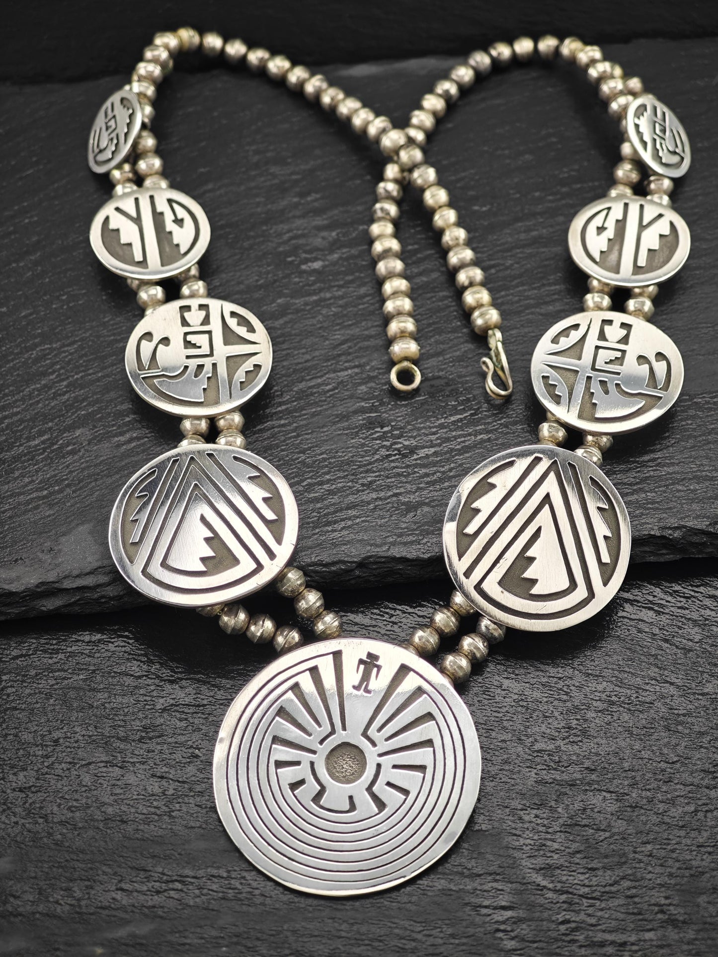 Native American Overlay, Man In Maze Squash Blossom Necklace Sterling Silver