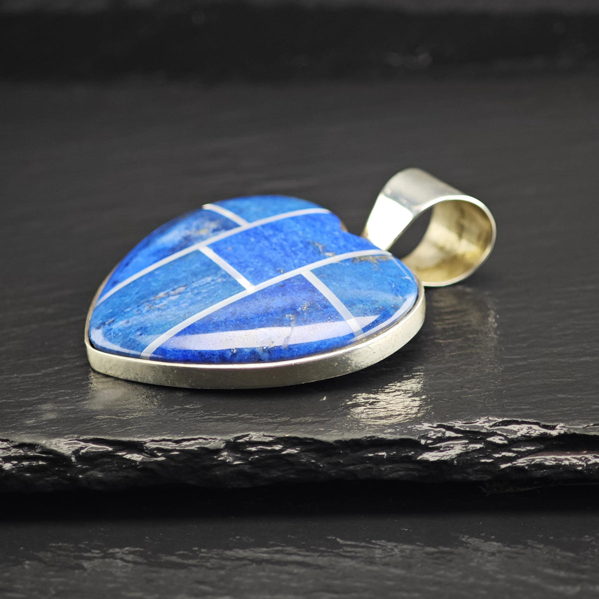 Large DTR Lapis, MOP Inlay Heart Sterling Silver Pendant P3089