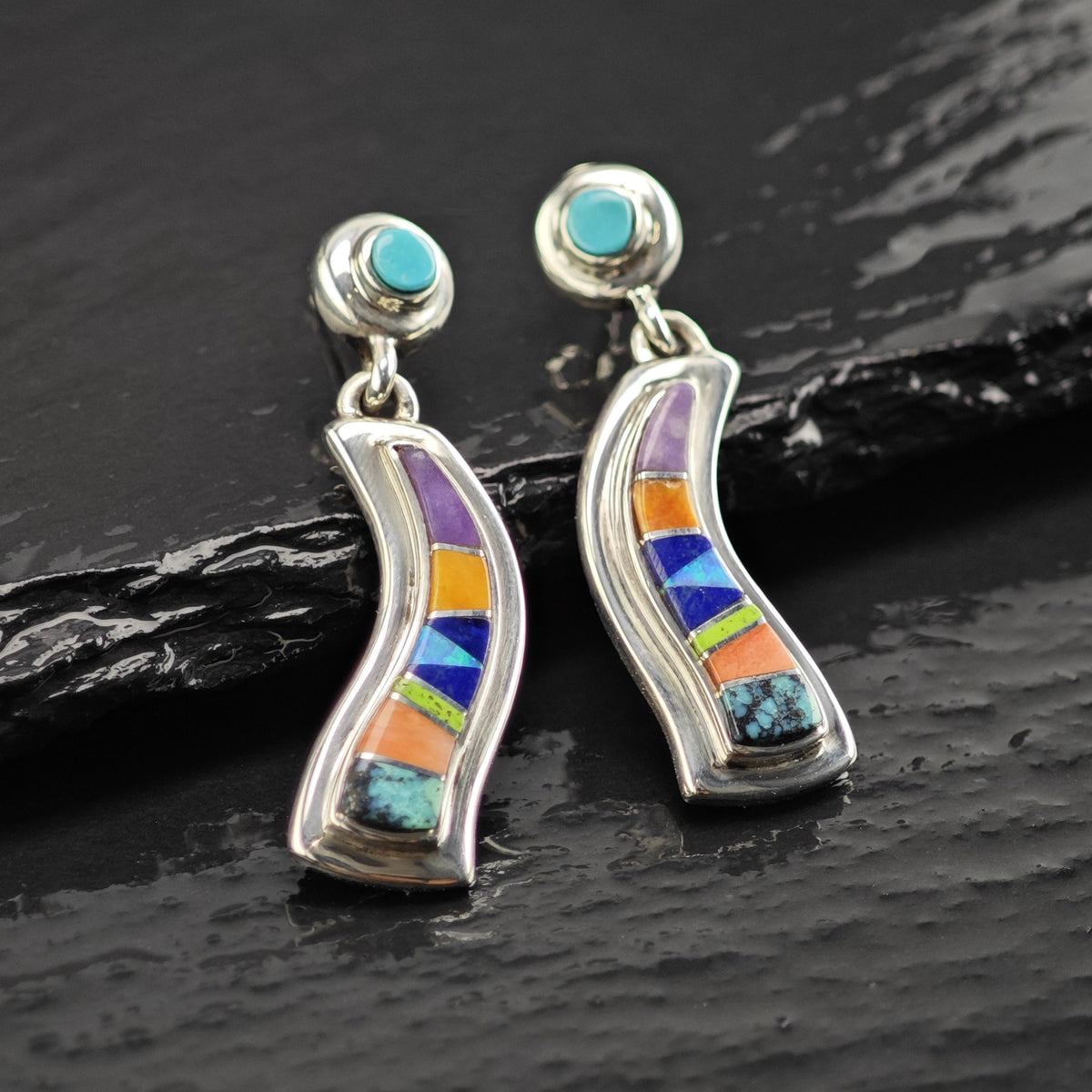 Vintage TSF Native American Multistone Inlay Sterling Silver Stud Earrings ER3219
