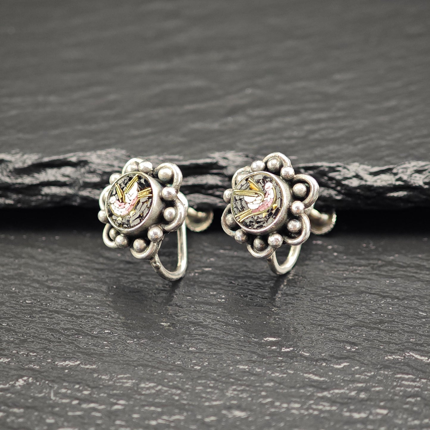 Italy Micro Mosaic Bird Screw Back Earrings Sterling Silver