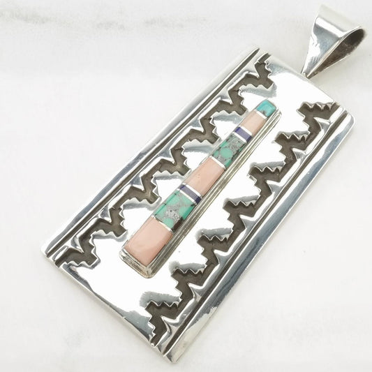 Vintage Southwest Turquoise, Lapis Lazuli, Shell Inlay, Overlay Sterling Silver Pendant