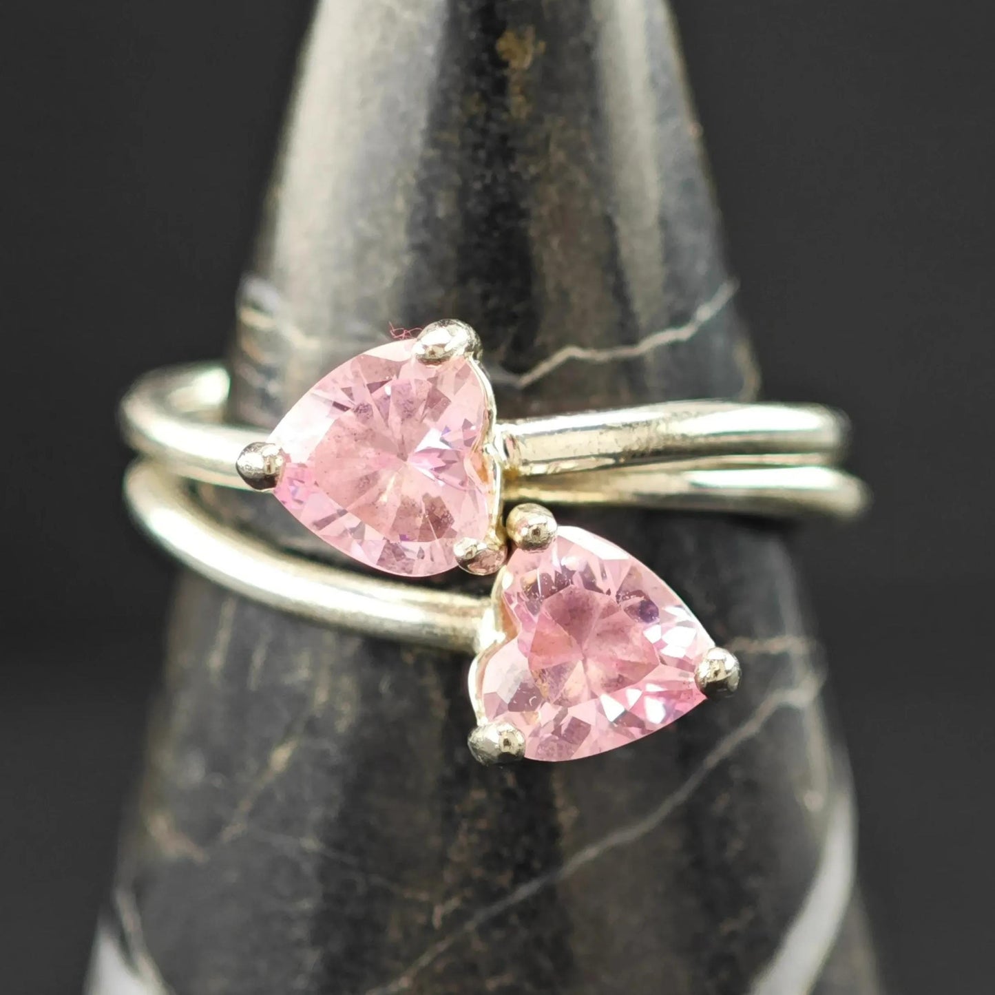 Sterling Silver Ring Double Pink Hearts Size 7 R6191