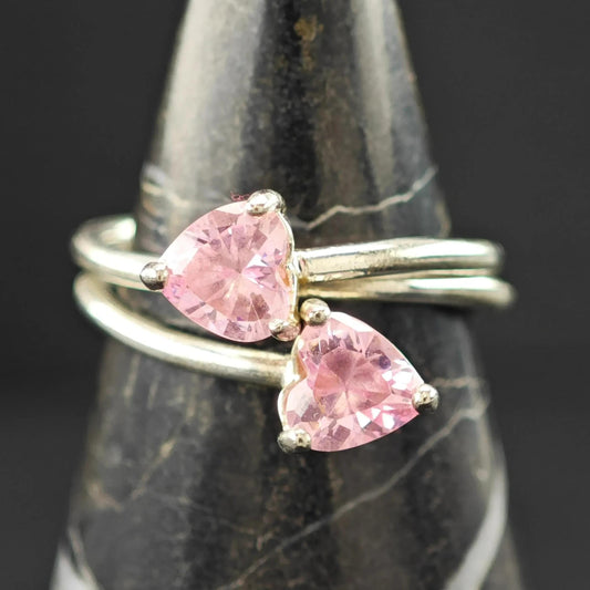 Sterling Silver Ring Double Pink Hearts Size 7 R6191