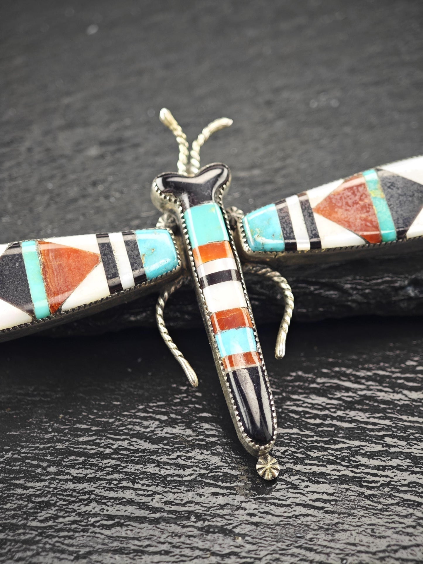 Attr. Lambert Homer Sr, Native American, Zuni Inlay, Dragonfly Brooch/Pendant Sterling Silver