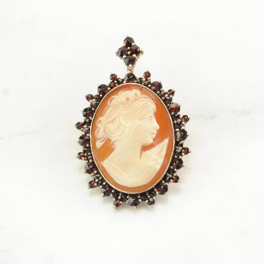 Vintage Red, Orange Silver Brooch Pendant Bohemian Garnet, Gold Gilded Cameo Sterling