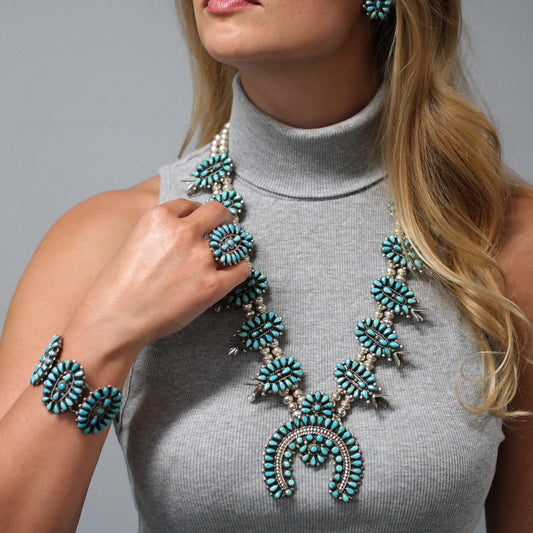Native American Turquoise Cluster, Squash Blossom Necklace, Cuff, Earrings, Ring Set Sterling Silver