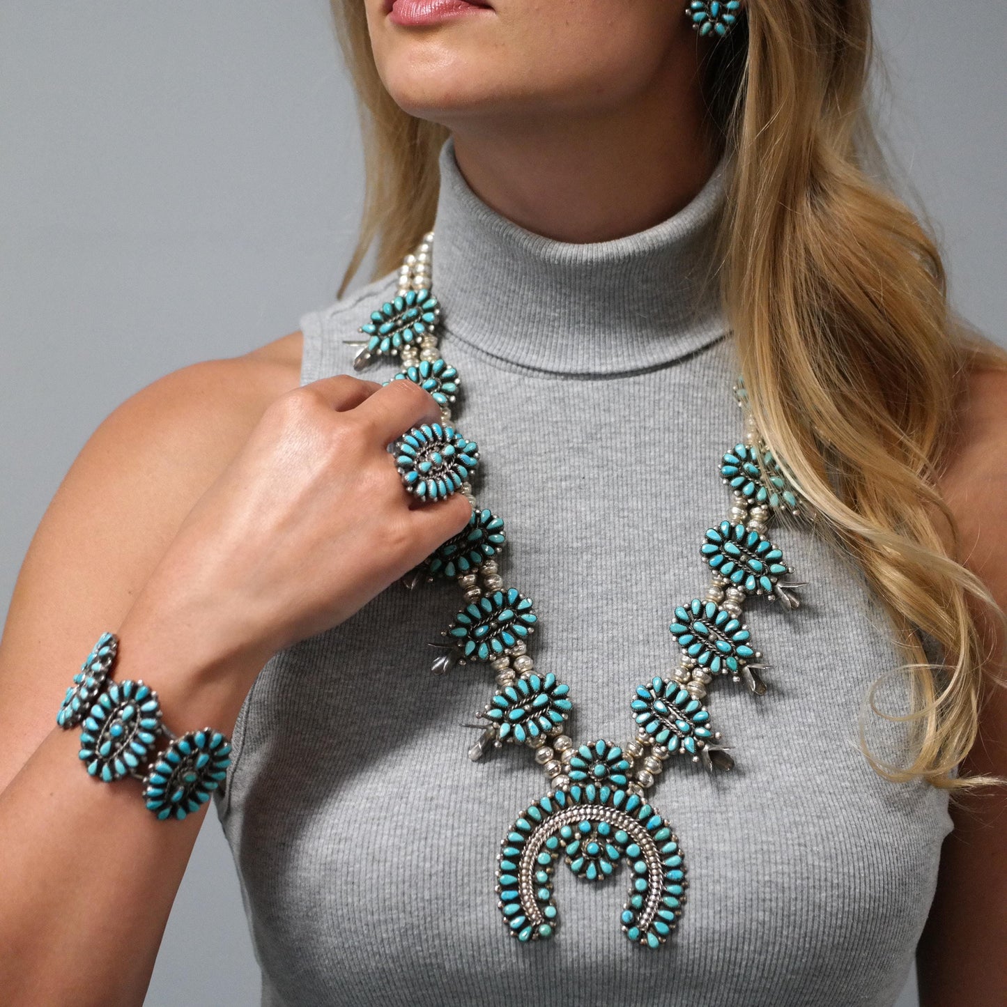 Native American Turquoise Cluster, Squash Blossom Necklace, Cuff, Earrings, Ring Set Sterling Silver