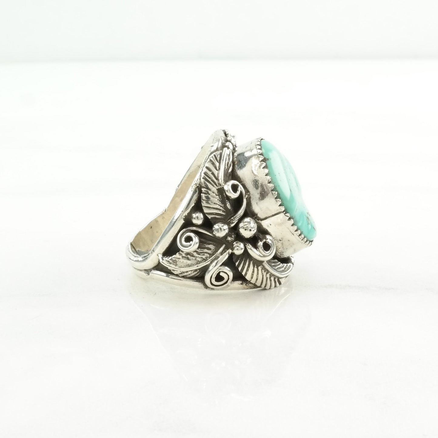 Native American Silver Ring Turquoise Floral Sterling Blue Size 10 3/4