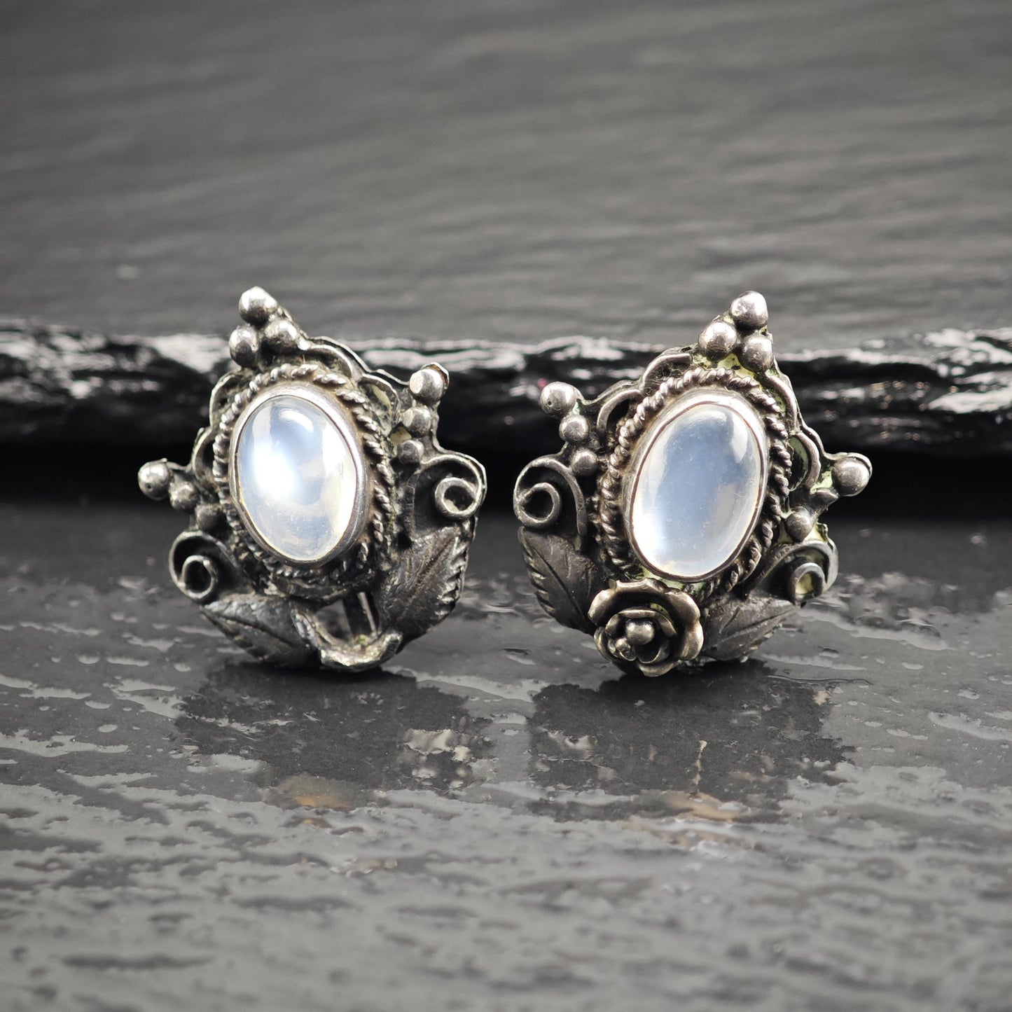Art Nouveau Moonstone Screw Back Sterling Silver Earrings ER3199