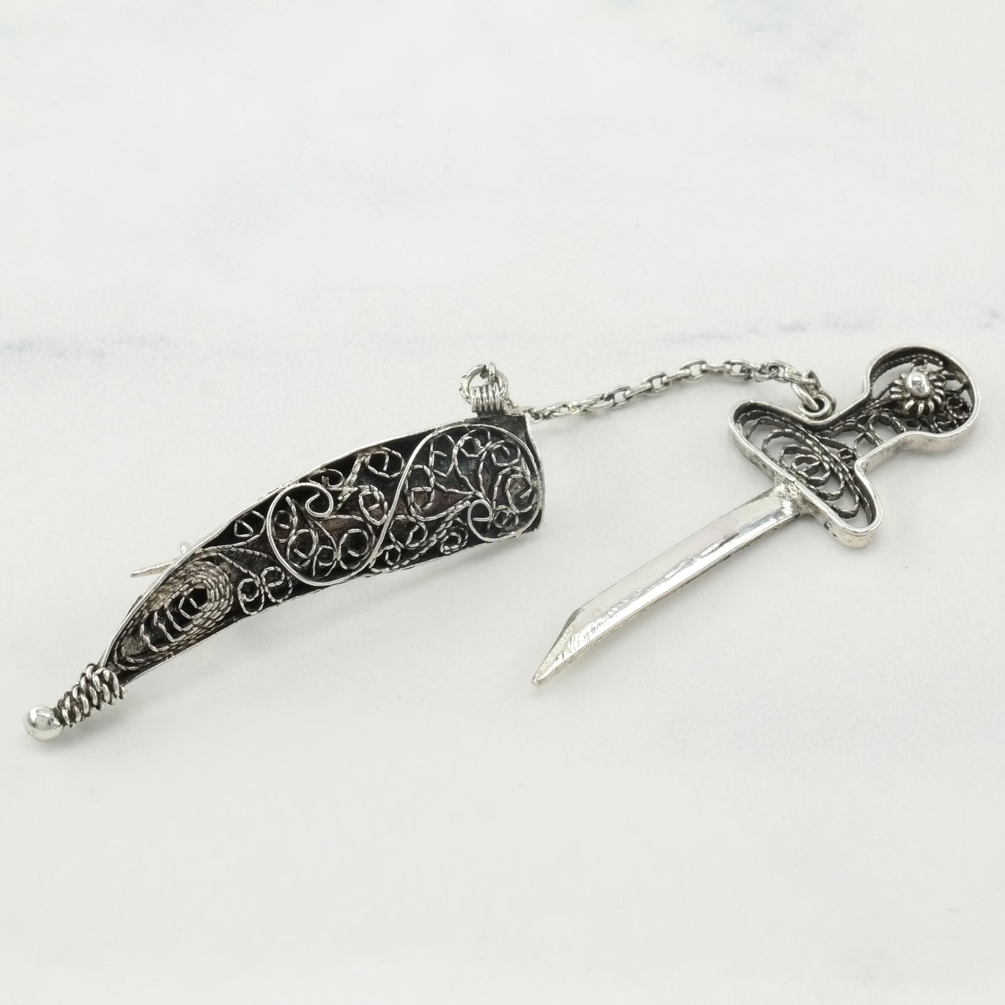 Vintage Sterling Silver Sword Brooch with Filigree