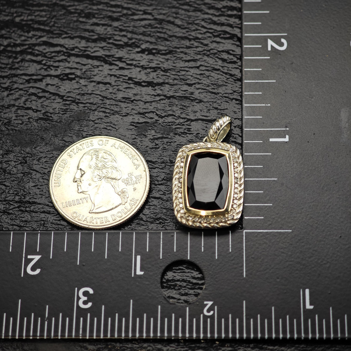 Vintage Designer Diamond Onyx 14K Bezel Woven Sterling Silver Pendant P3087