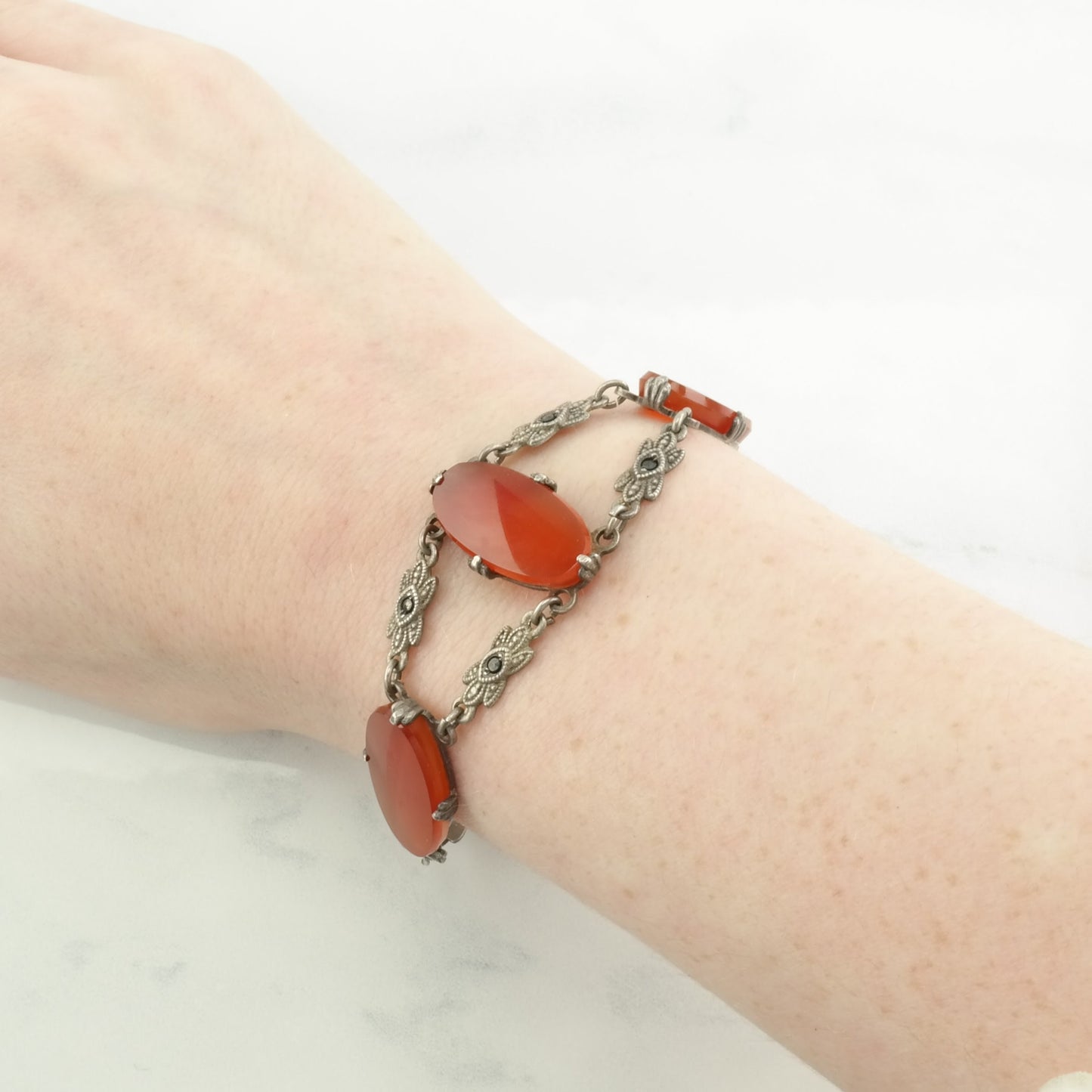 Vintage Art Deco Sterling Silver Link Bracelet Red Carnelian