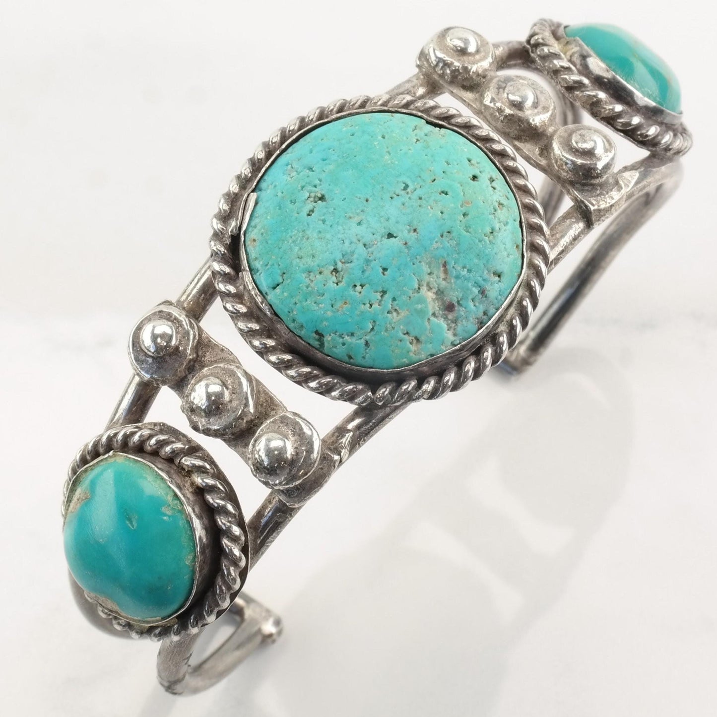 1950 Native American Sterling Silver Cuff Bracelet Turquoise Three Stone