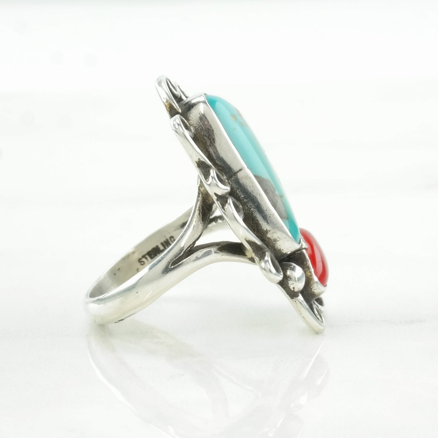 Native American Silver Ring Turquoise, Coral Sterling Size 6 3/4