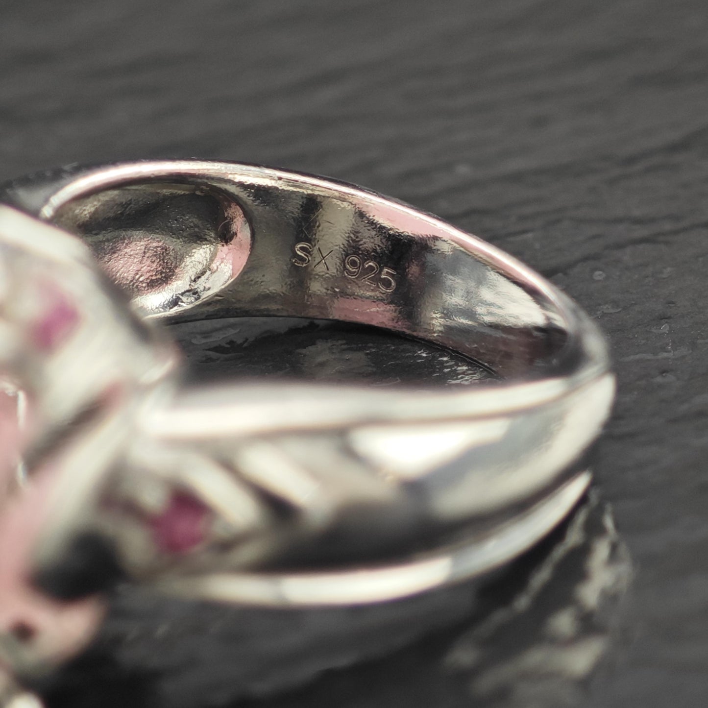 Large Faceted Pink Gemstone, Ruby Accents Ring Sterling Silver Size 8