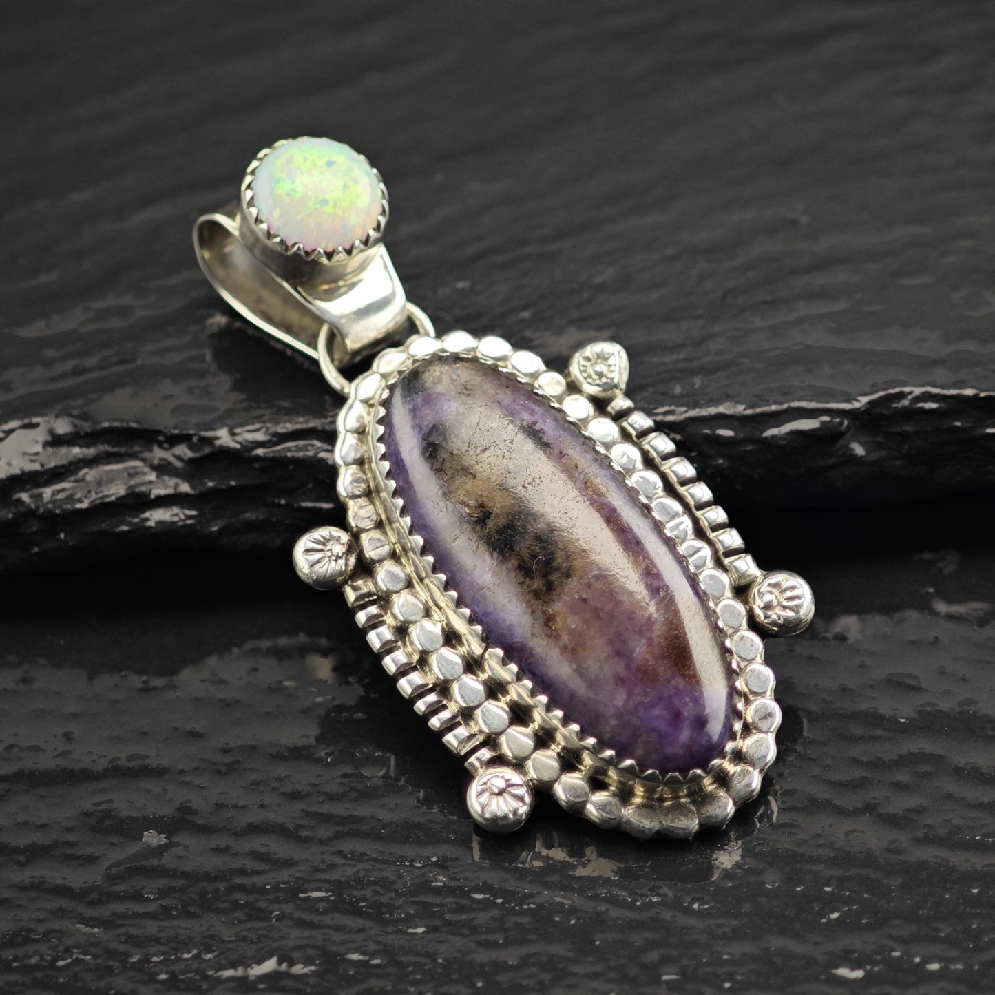 Vintage Running Bear Sugilite Lab Opal Pendant Sterling Silver P3056