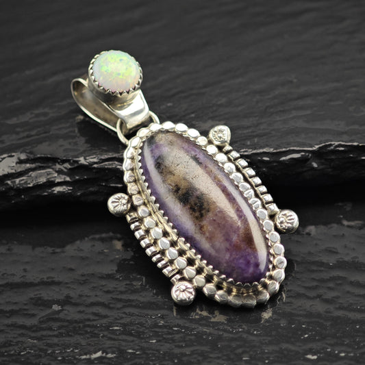 Vintage Running Bear Sugilite Lab Opal Pendant Sterling Silver P3056