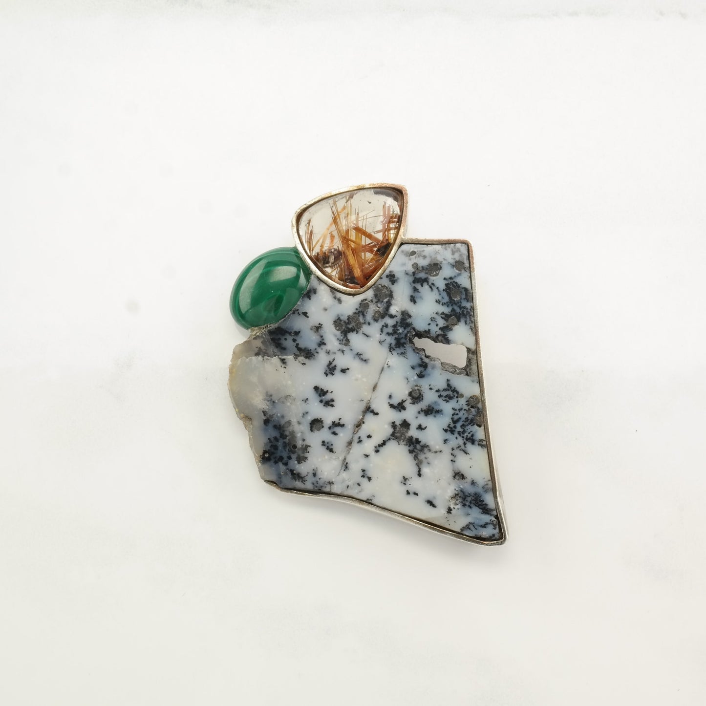 Sterling Silver Brooch Dendric Agate Malachite Rutile Quartz