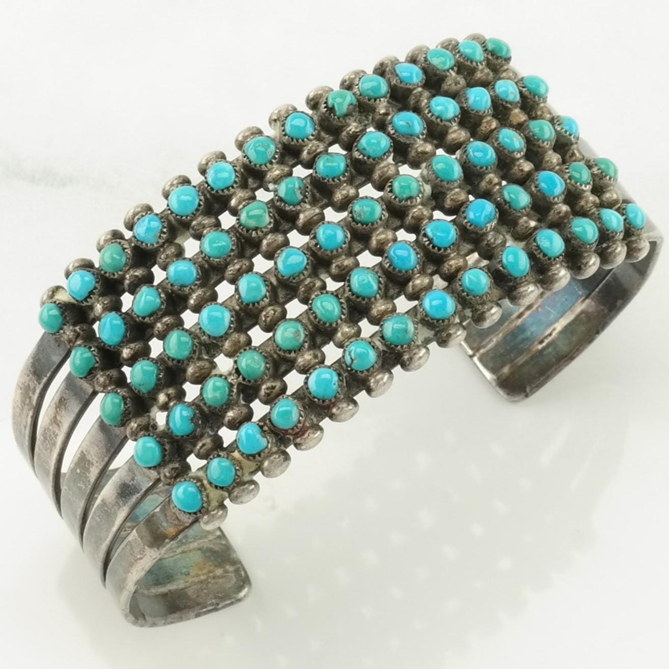 Native American Sterling Silver Cuff Bracelet Blue Turquoise, Cluster 5 Row