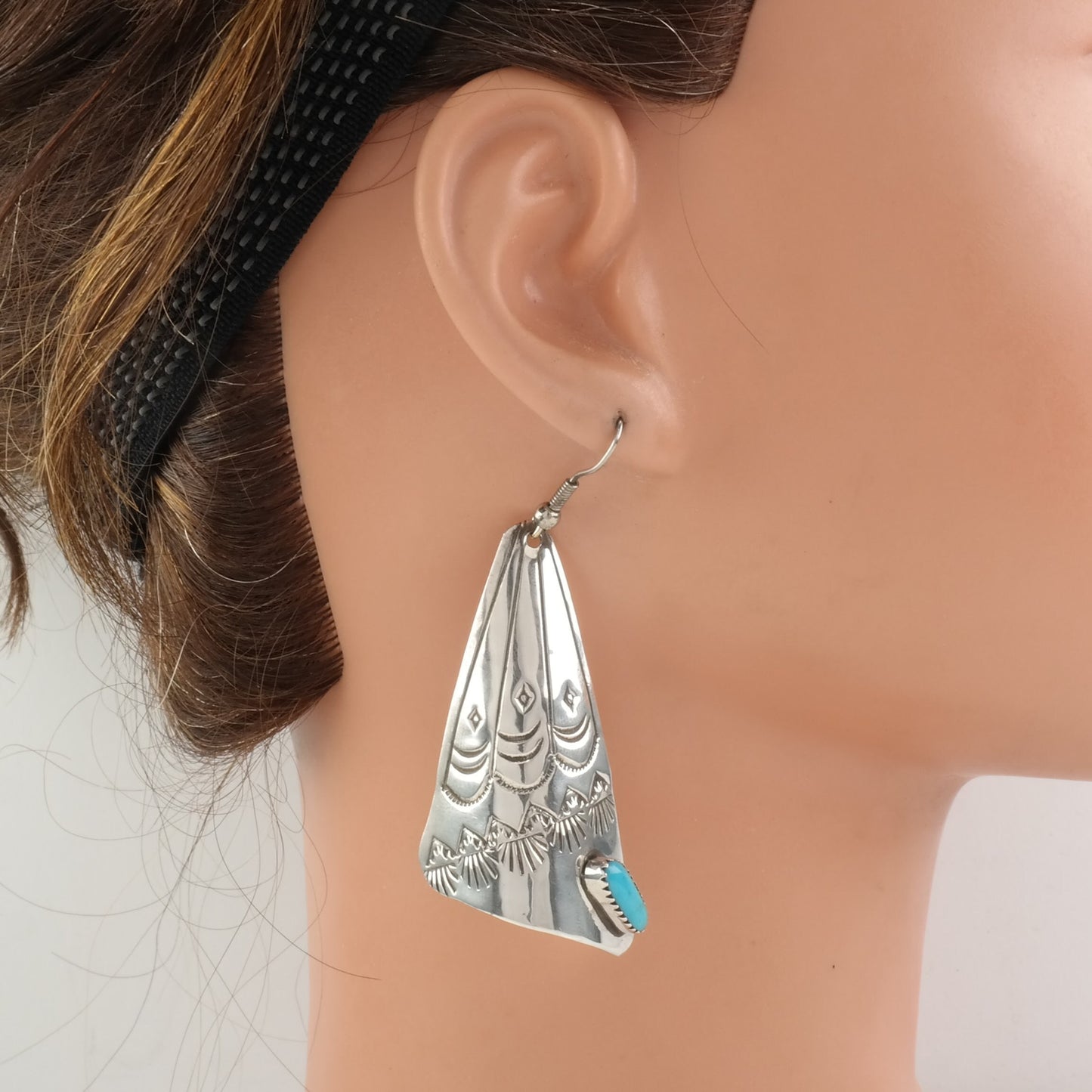 Native American Sterling Silver Blue Turquoise Stampwork Earrings Fish Hook, Dangle