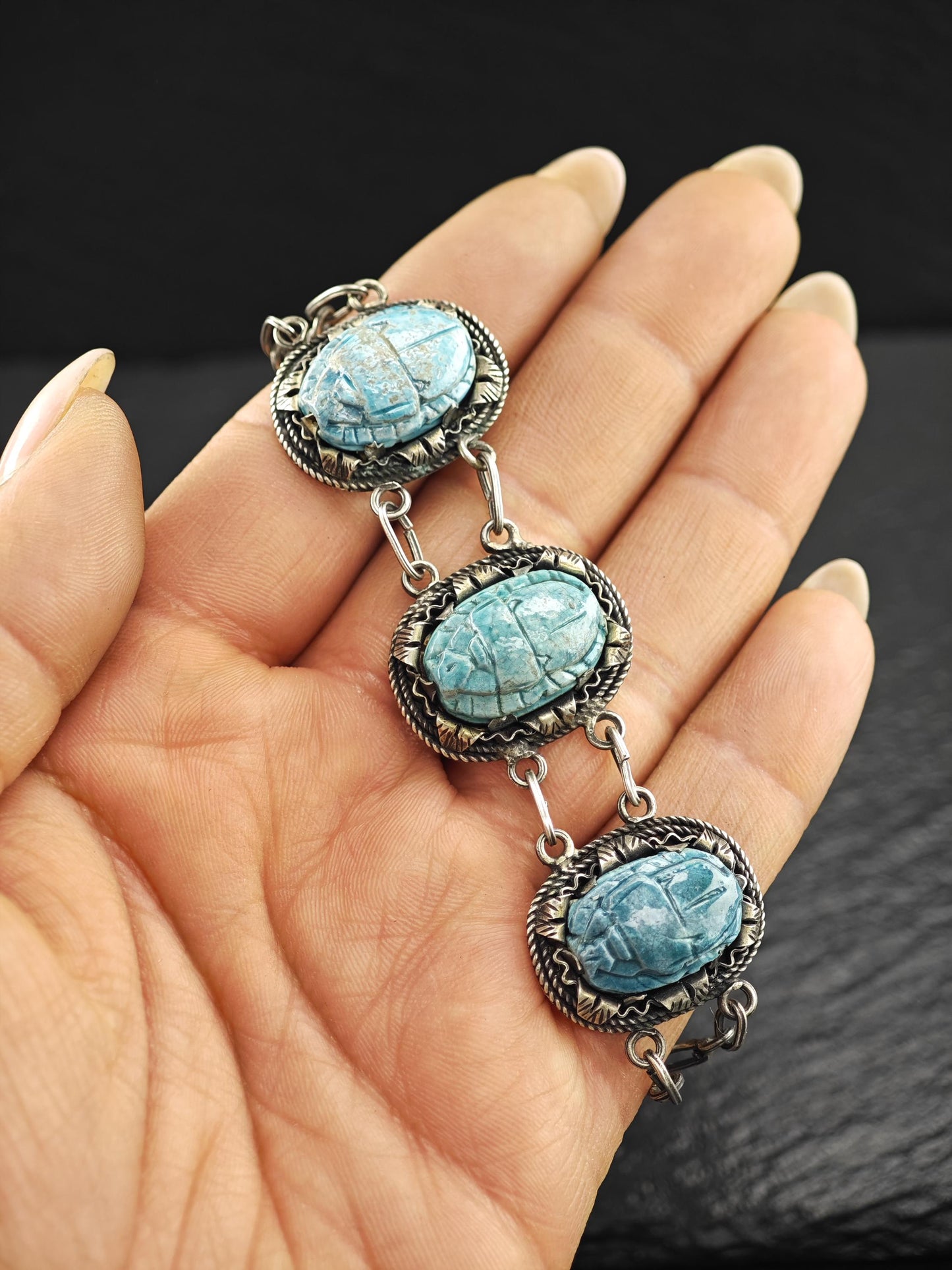 Archeological Egyptian Revival, Scarab Bracelet Sterling Silver