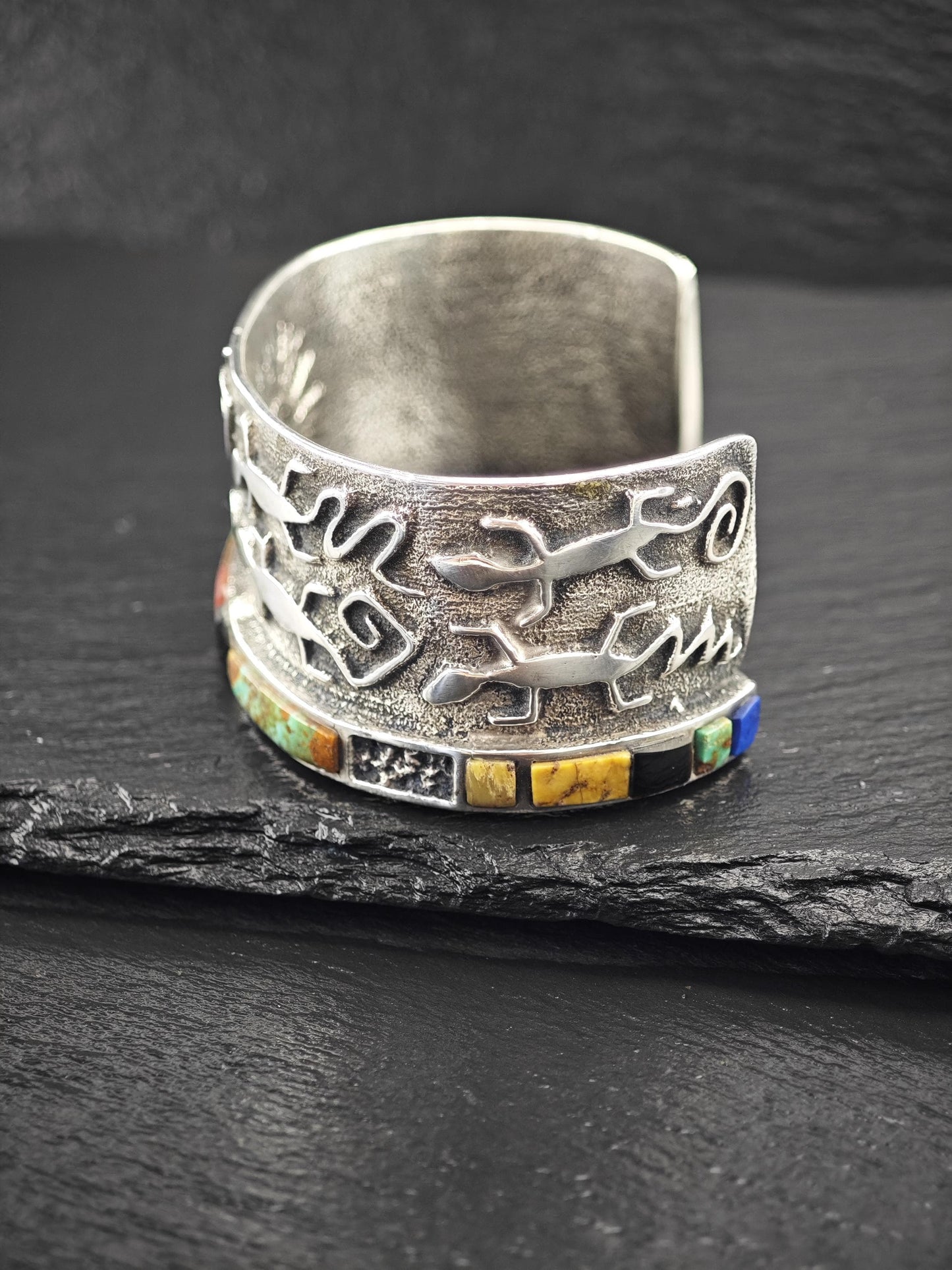 Hopi, Steve LaRance, Native American Tufa Cast Inlay, Lizard Cuff Bracelet Sterling Silver