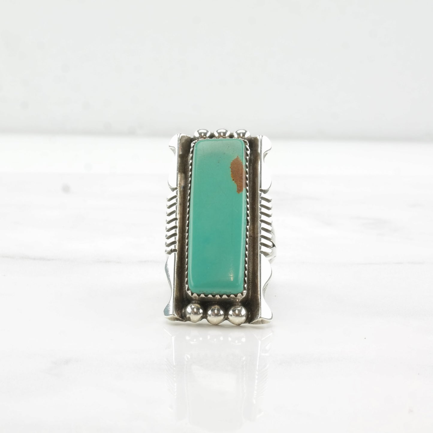 Native American Silver Ring Turquoise Long Rectangle Shadowbox Sterling Size 8 1/2