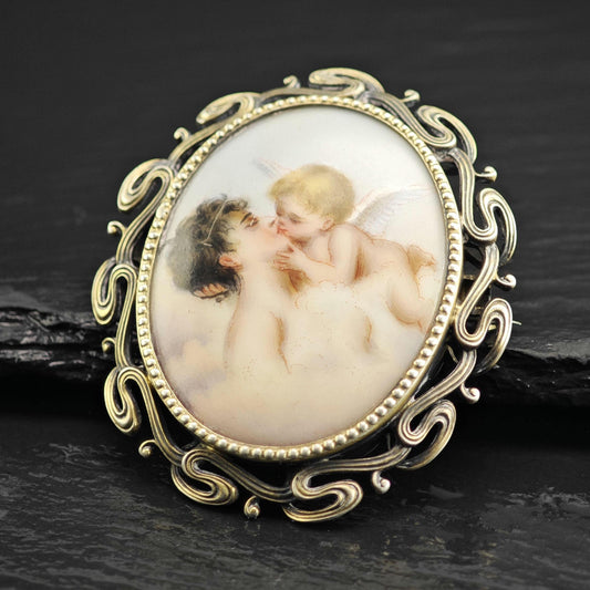 French Porcelain Painted Cupids Kiss Sterling Silver Brooch B2239