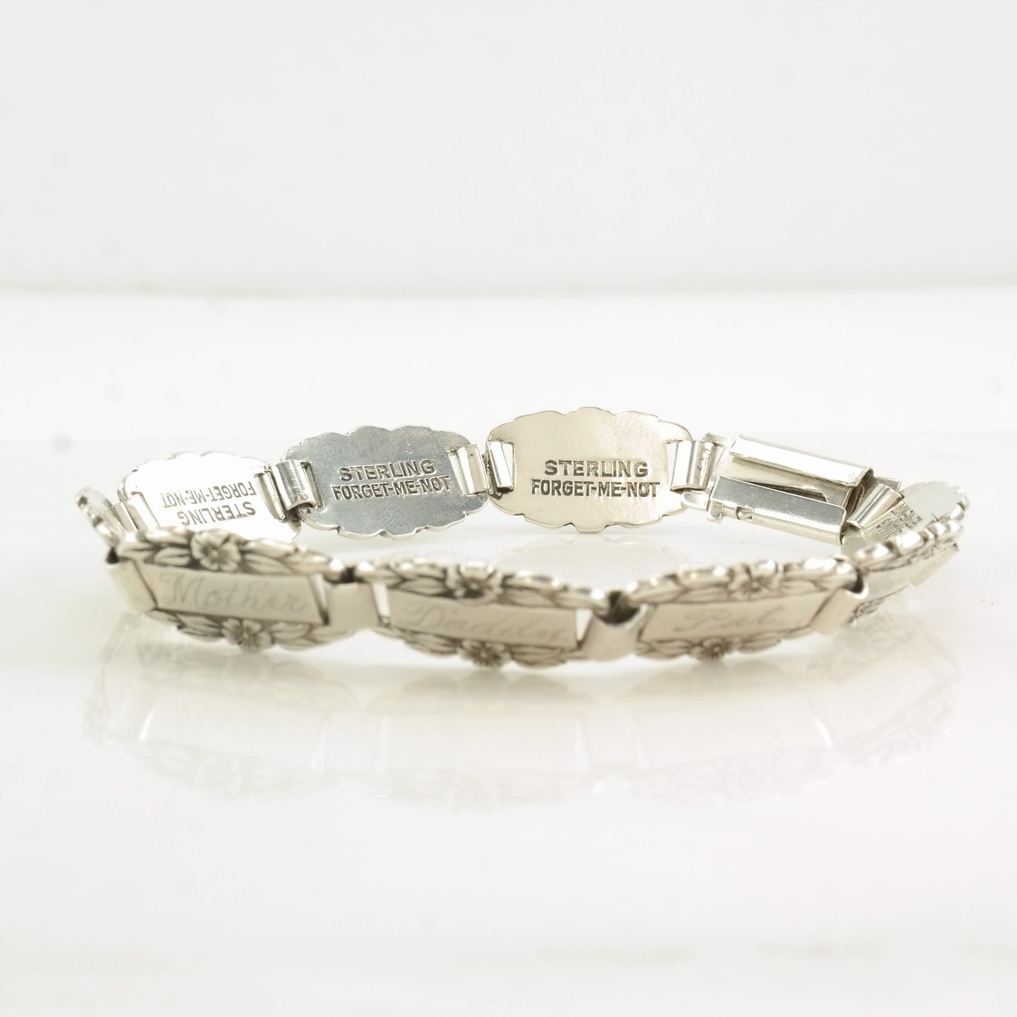 Forget Me Not Sterling Silver Link Bracelet Floral Engraved