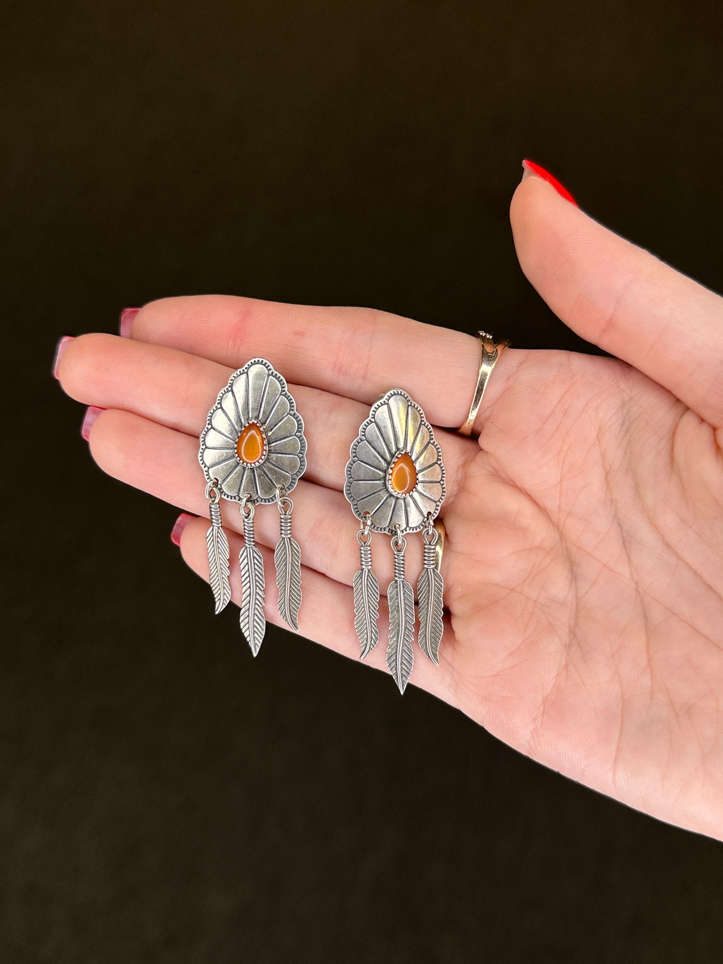 Native American Sterling Silver Amber MOP Doublet Concho Navajo Earrings Stud Dangle